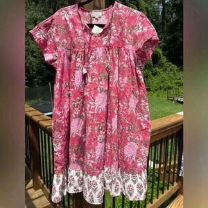 Rustic Passport block print short sleeve tassel dress s/m